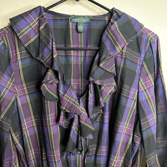 Lauren Ralph Lauren Button Up Blouse Sz L Purple Plaid Ruffle Preppy Academia - Picture 2 of 11